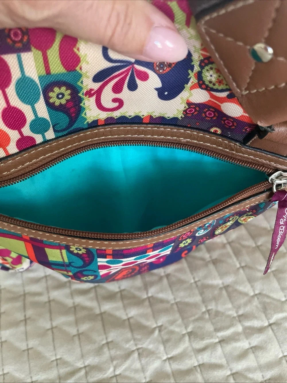 Lily Bloom Multicolor Patchwork Floral & Paisley Backpack with Brown Trim
